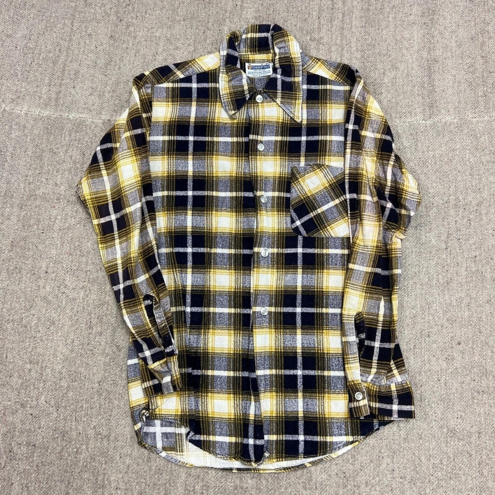 Vintage‎ Shadow Plaid Button Up Shirt Mens Small Yellow 60s Permanent Press